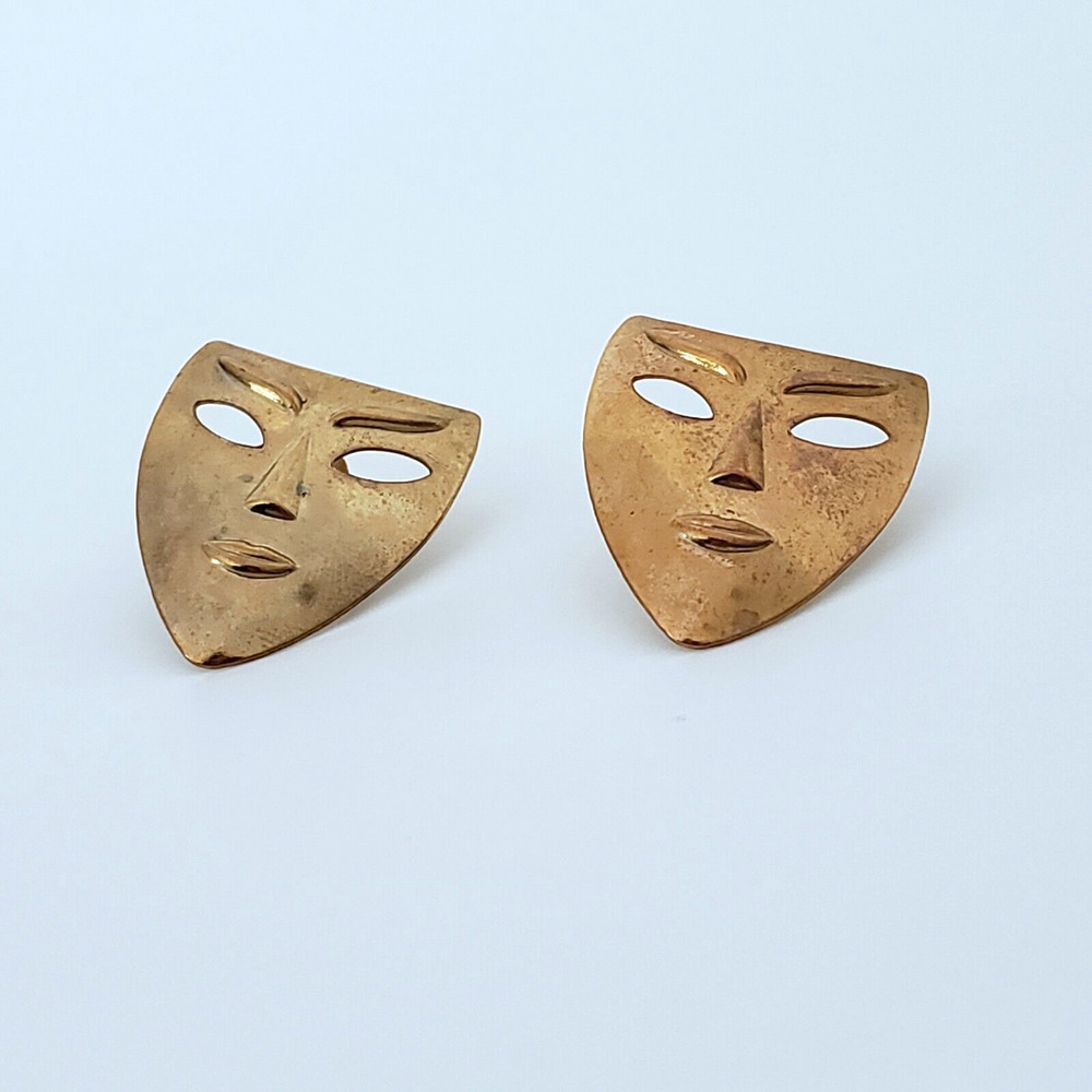 Vintage Earrings Goldtone Mask Pierced Metallic Modernist Art Theater Tribal 1"